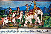 Yangon Myanmar. Shwedagon Pagoda (the Golden Stupa). Details of the panels at the sides of the  southern stairway narrating the legend of the of Shwedagon Paya. 